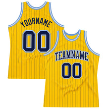Load image into Gallery viewer, Custom Gold Navy Pinstripe Navy-Light Blue Authentic Basketball Jersey
