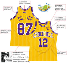 Load image into Gallery viewer, Custom Gold White Pinstripe Purple Authentic Basketball Jersey
