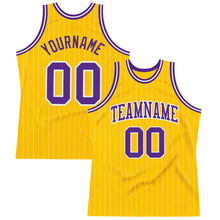 Load image into Gallery viewer, Custom Gold White Pinstripe Purple Authentic Basketball Jersey
