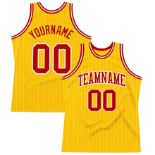 Load image into Gallery viewer, Custom Gold White Pinstripe Red Authentic Basketball Jersey
