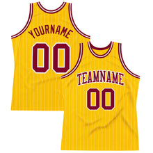 Load image into Gallery viewer, Custom Gold White Pinstripe Maroon Authentic Basketball Jersey
