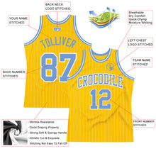 Load image into Gallery viewer, Custom Gold White Pinstripe Light Blue Authentic Basketball Jersey
