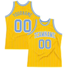 Load image into Gallery viewer, Custom Gold White Pinstripe Light Blue Authentic Basketball Jersey
