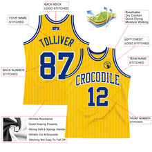 Load image into Gallery viewer, Custom Gold White Pinstripe Royal Authentic Basketball Jersey
