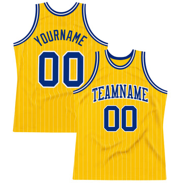 Custom Gold White Pinstripe Royal Authentic Basketball Jersey