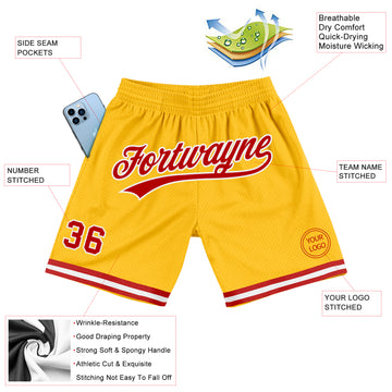 Custom Gold Red-White Authentic Throwback Basketball Shorts