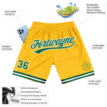 Custom Gold Kelly Green-White Authentic Throwback Basketball Shorts