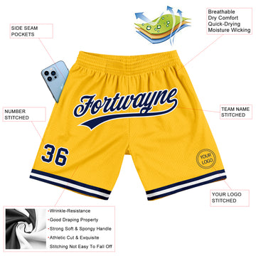 Custom Gold Navy-White Authentic Throwback Basketball Shorts