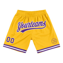 Load image into Gallery viewer, Custom Gold Purple-White Authentic Throwback Basketball Shorts
