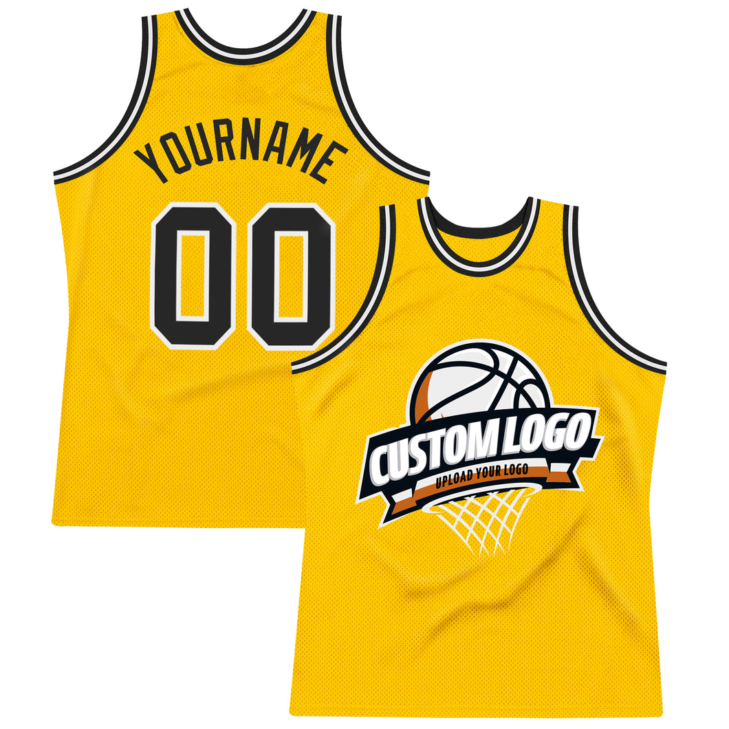 Custom Gold Black-White Authentic Throwback Basketball Jersey