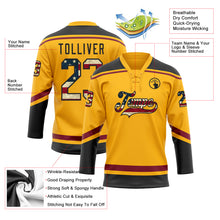 Load image into Gallery viewer, Custom Gold Vintage USA Flag Black-Crimson Hockey Lace Neck Jersey
