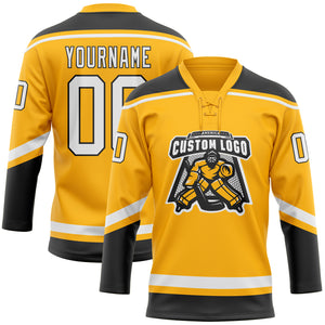 Custom Gold White-Black Hockey Lace Neck Jersey