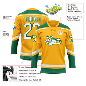 Custom Gold White-Kelly Green Hockey Lace Neck Jersey