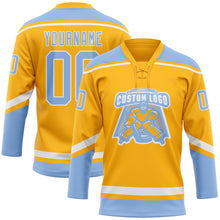 Load image into Gallery viewer, Custom Gold White-Light Blue Hockey Lace Neck Jersey
