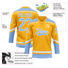 Load image into Gallery viewer, Custom Gold White-Light Blue Hockey Lace Neck Jersey
