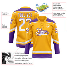 Load image into Gallery viewer, Custom Gold White-Purple Hockey Lace Neck Jersey
