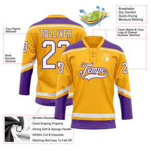 Custom Gold White-Purple Hockey Lace Neck Jersey