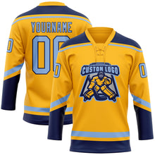 Load image into Gallery viewer, Custom Gold Light Blue-Navy Hockey Lace Neck Jersey
