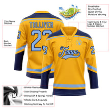 Load image into Gallery viewer, Custom Gold Light Blue-Navy Hockey Lace Neck Jersey
