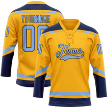 Load image into Gallery viewer, Custom Gold Light Blue-Navy Hockey Lace Neck Jersey
