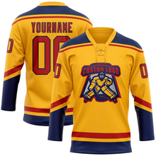 Load image into Gallery viewer, Custom Gold Red-Navy Hockey Lace Neck Jersey
