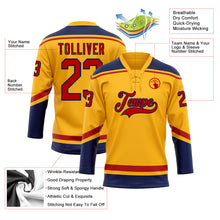 Load image into Gallery viewer, Custom Gold Red-Navy Hockey Lace Neck Jersey
