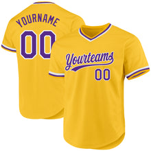 Load image into Gallery viewer, Custom Gold Purple-White Authentic Throwback Baseball Jersey
