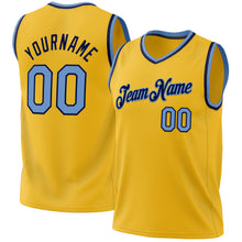 Load image into Gallery viewer, Custom Gold Light Blue-White Authentic Throwback Basketball Jersey
