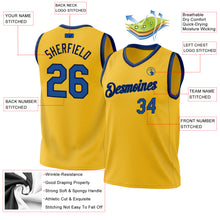 Load image into Gallery viewer, Custom Gold Blue-Navy Authentic Throwback Basketball Jersey
