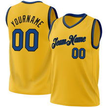 Load image into Gallery viewer, Custom Gold Blue-Black Authentic Throwback Basketball Jersey
