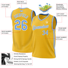 Load image into Gallery viewer, Custom Gold Light Blue-White Authentic Throwback Basketball Jersey

