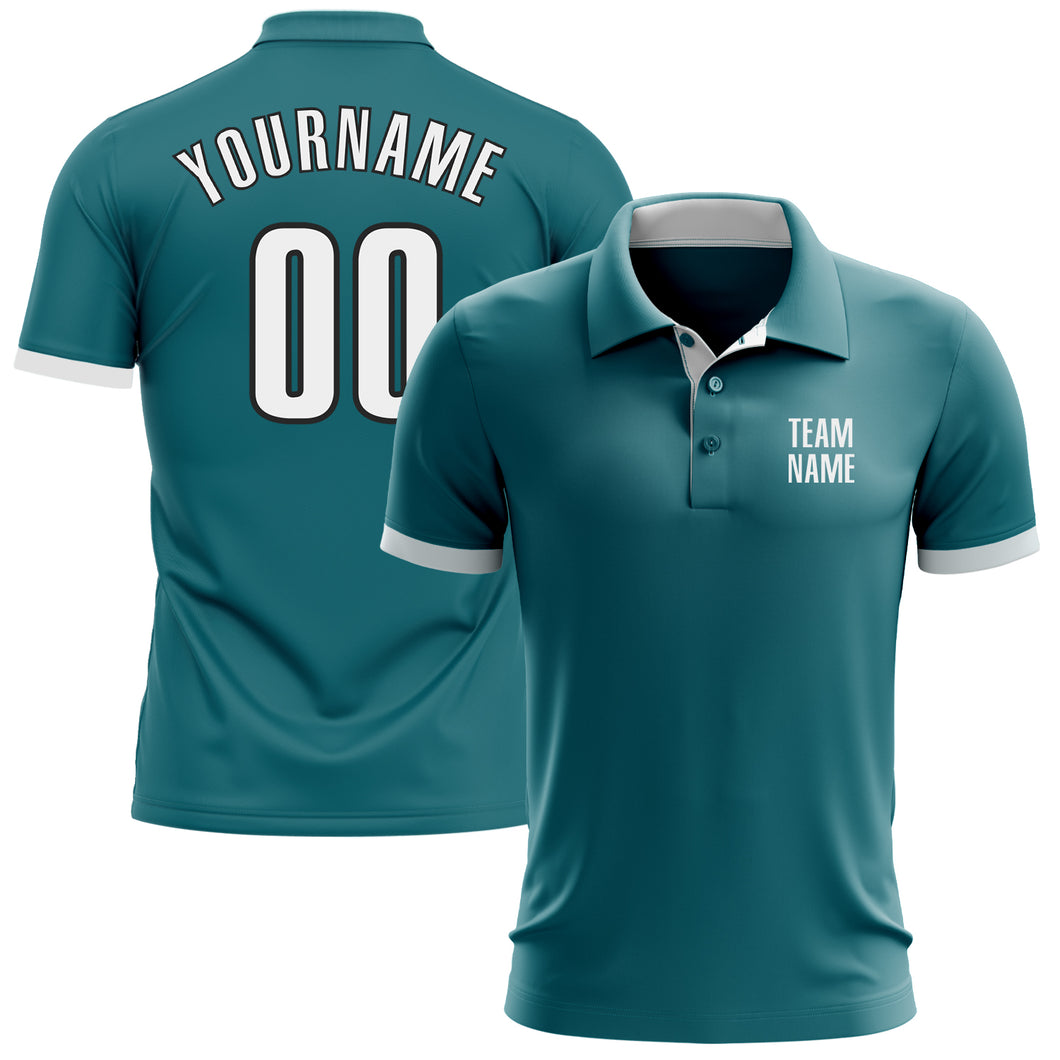 Custom Teal White-Black Performance Golf Polo Shirt