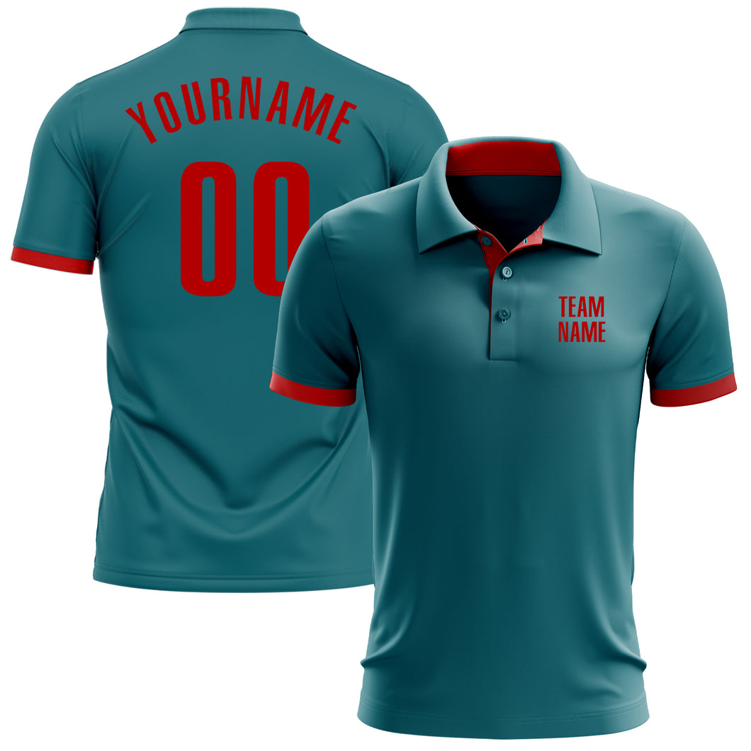 Custom Teal Red Performance Golf Polo Shirt