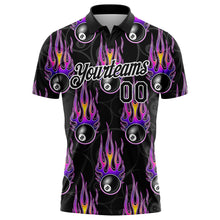 Load image into Gallery viewer, Custom Black White-Purple 3D Pattern Design Bowling Ball With Hotrod Flame Performance Golf Polo Shirt

