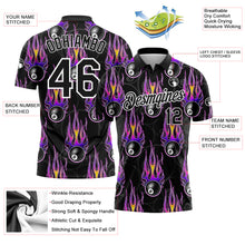 Load image into Gallery viewer, Custom Black White-Purple 3D Pattern Design Bowling Ball With Hotrod Flame Performance Golf Polo Shirt
