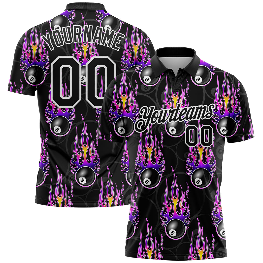 Custom Black White-Purple 3D Pattern Design Bowling Ball With Hotrod Flame Performance Golf Polo Shirt