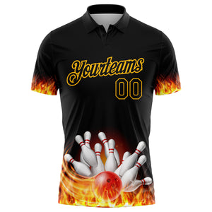 Custom Black Gold 3D Pattern Design Flame Bowling Performance Golf Polo Shirt