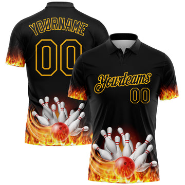 Custom Black Gold 3D Pattern Design Flame Bowling Performance Golf Polo Shirt