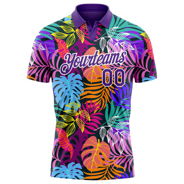 Custom Purple White 3D Pattern Design Hawaii Palm Trees Performance Golf Polo Shirt