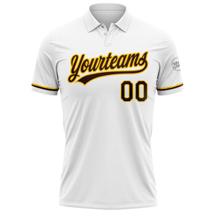 Custom White Brown-Yellow Performance Vapor Golf Polo Shirt