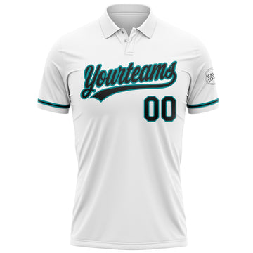 Custom White Black-Teal Performance Vapor Golf Polo Shirt