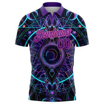 Custom Black Pink-Purple 3D Pattern Design Magic Mushrooms Over Sacred Geometry Psychedelic Hallucination Performance Golf Polo Shirt