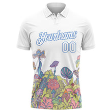 Load image into Gallery viewer, Custom White Light Blue 3D Pattern Design Colorful Flowers And Mushrooms Psychedelic Hallucination Performance Golf Polo Shirt
