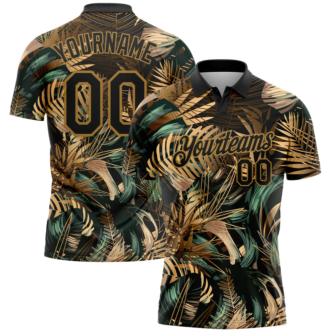 Custom Black Old Gold 3D Pattern Design Golden And Green Tropical Leaves In The Style Of Jungalow And Hawaii Performance Golf Polo Shirt