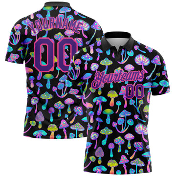 Custom Black Purple-Pink 3D Pattern Design Magic Mushrooms Psychedelic Hallucination Performance Golf Polo Shirt