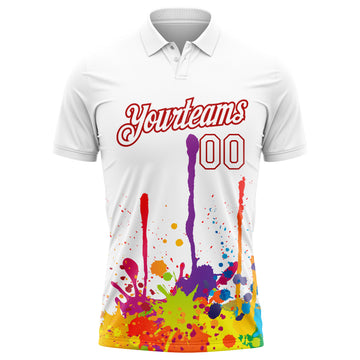 Custom White Red 3D Pattern Design Colorful Bright Ink Splashes Performance Golf Polo Shirt