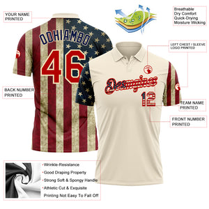 Custom Cream Red-Navy 3D American Flag Performance Golf Polo Shirt