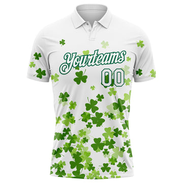 Custom White Kelly Green 3D Pattern Design St.Patrick's Day Performance Golf Polo Shirt