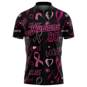 Custom Black Pink 3D Pink Ribbon Breast Cancer Awareness Month Women Health Care Support Performance Golf Polo Shirt