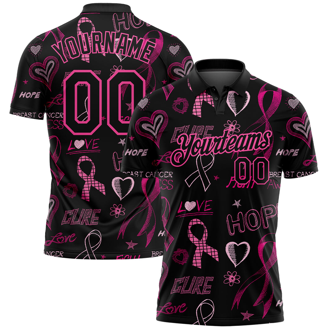 Custom Black Pink 3D Pattern Design Pink Ribbon Breast Cancer Awareness Month Women Health Care Support Performance Golf Polo Shirt